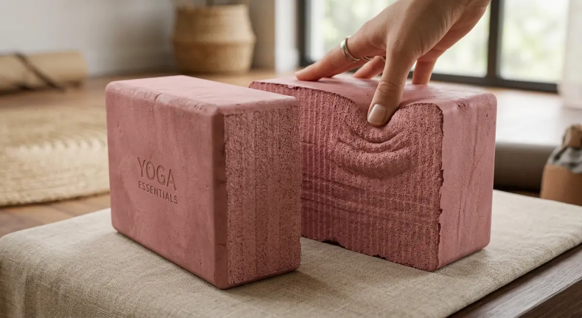 3D render of pink yoga blocks with 'Yoga Essentials' logo and textured surface on a woven mat
