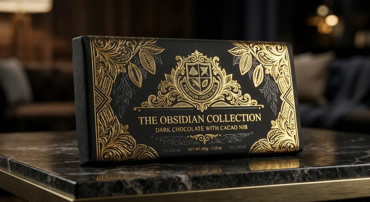 3D render of luxury dark chocolate bar packaging with gold foil accents