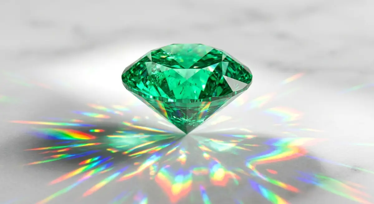 3D render of a green emerald gemstone showcasing light refraction and caustics