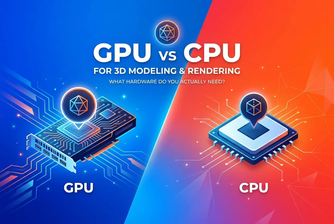 3D render comparing GPU and CPU hardware for 3D modeling and rendering — GPU vs CPU for 3D Modeling and Rendering: What Har