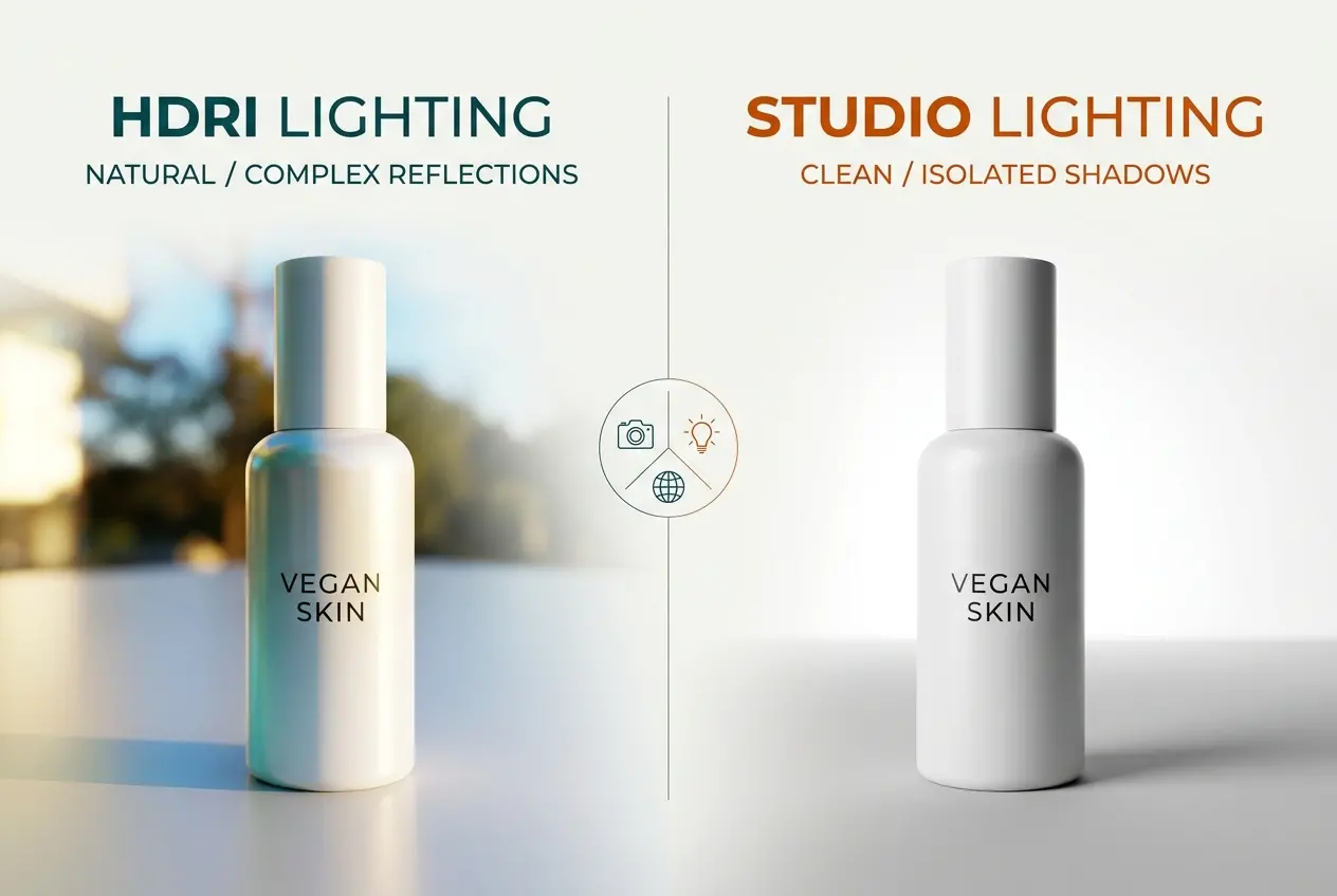 3D render comparing HDRI and studio lighting on vegan skin product packaging — HDRI vs Studio Lighting in 3D Product Render