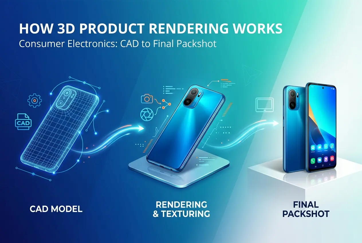 3D render sequence shows smartphone CAD model transforming into a final packshot with realistic textures and lighting — How