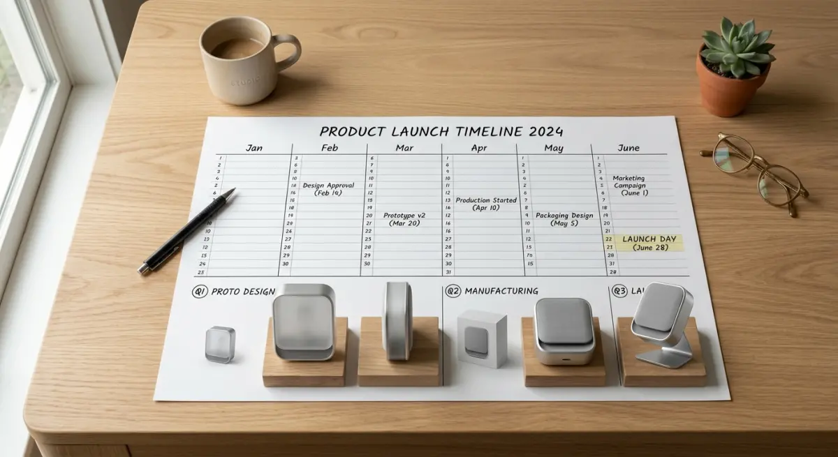 3D render of a product launch timeline showing key dates and prototypes