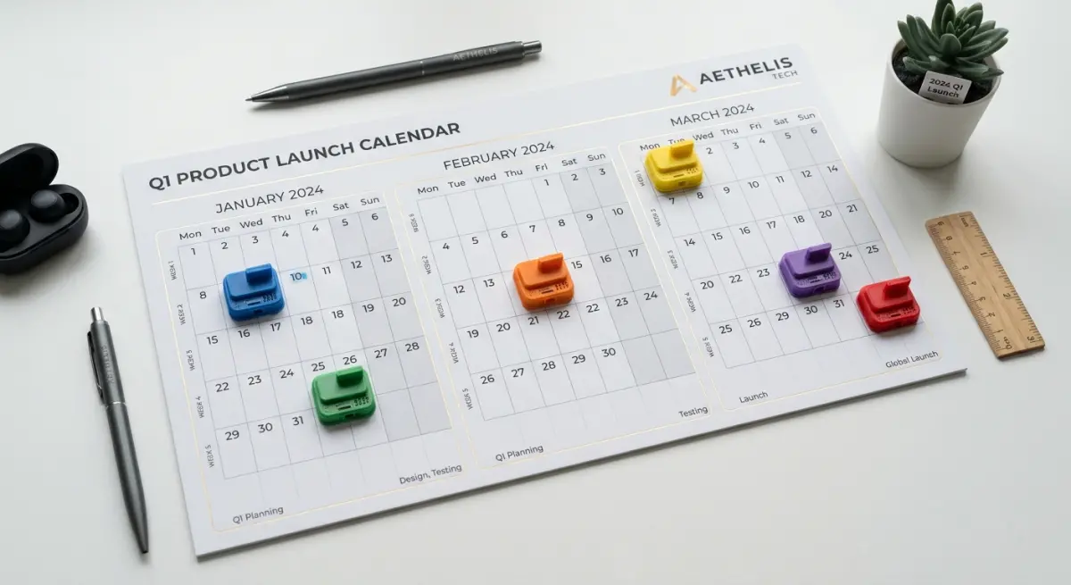 3D render of Q1 2024 product launch calendar with colorful markers and office supplies