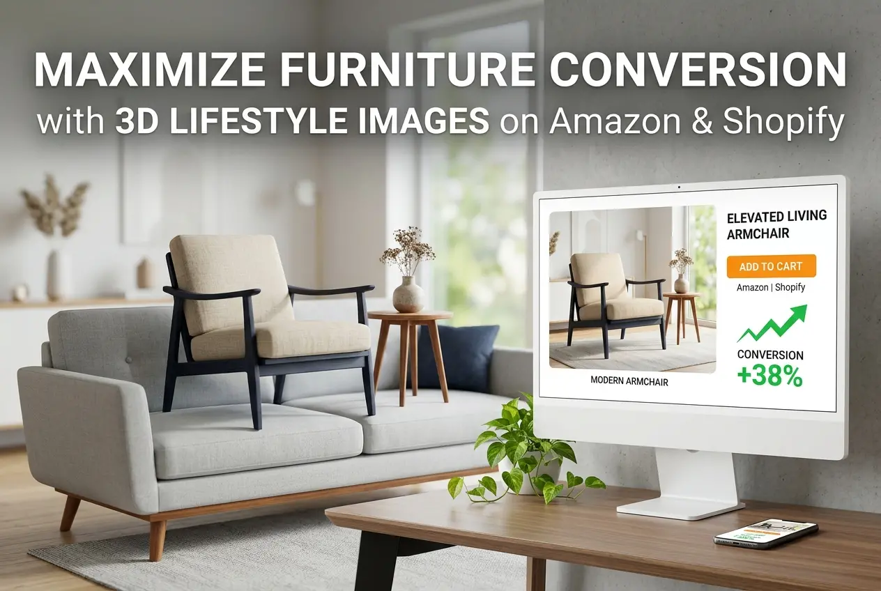 3D lifestyle image showing furniture with conversion rate graphic on a computer screen — How to Use 3D Lifestyle Images to