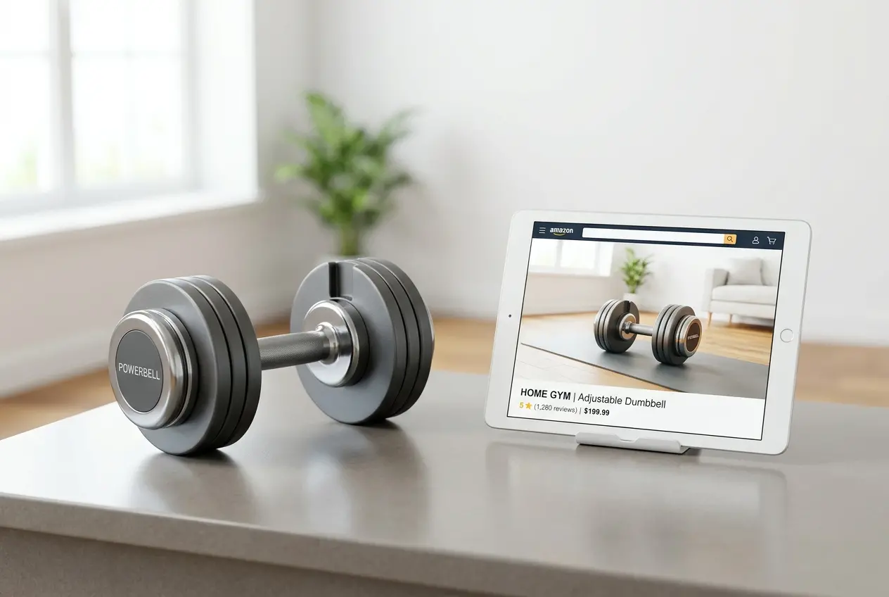 3D render of adjustable dumbbell on table next to tablet showing product on Amazon — How to Use 3D Lifestyle Images to Sell