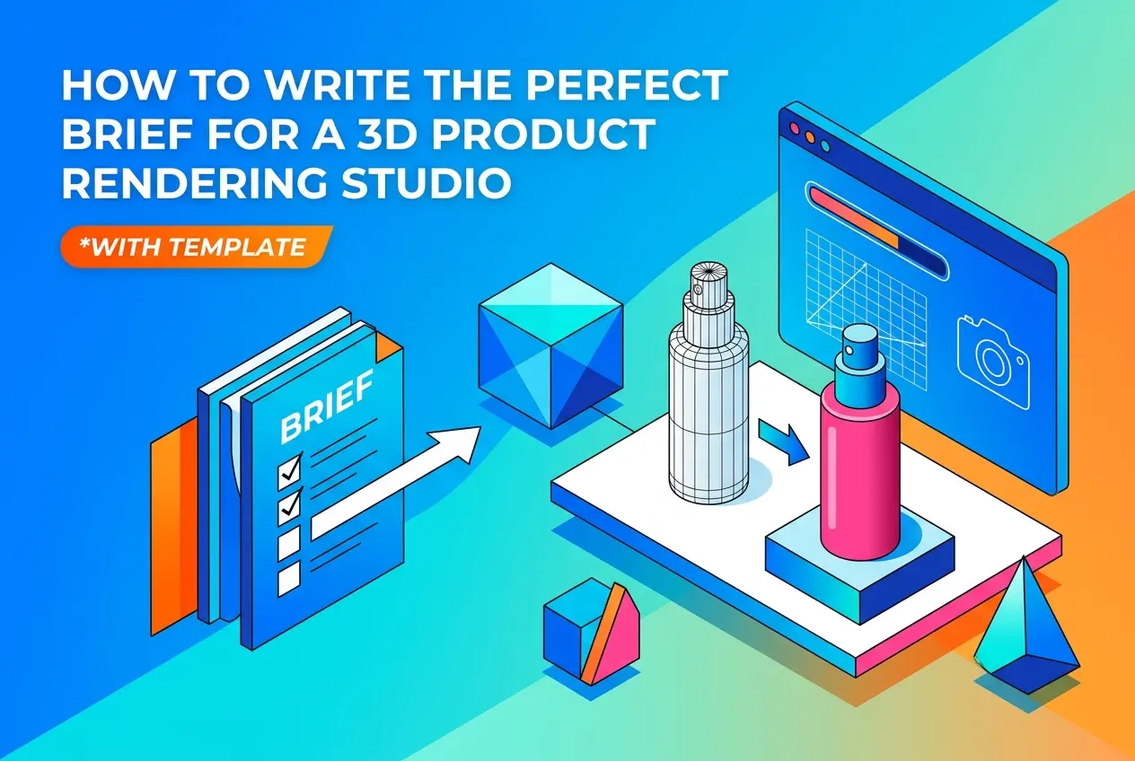 3D render of a brief document with checklist, an arrow, and 3D product models for rendering process — How to Write the Perf