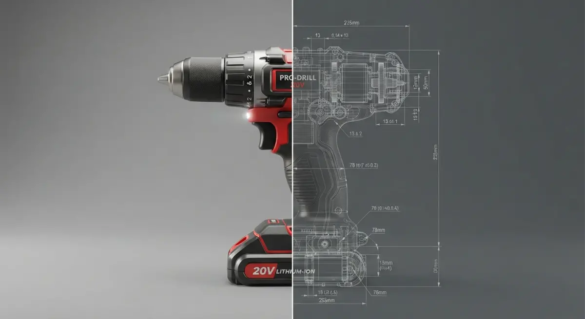 3D rendering of a drill juxtaposed with its engineering CAD visualization with dimensions