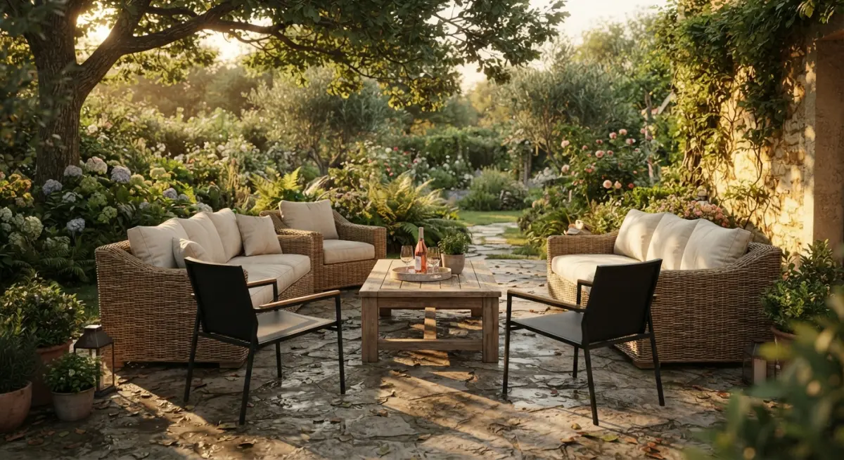 Outdoor rattan sofa, chairs, and coffee table in a lush garden setting