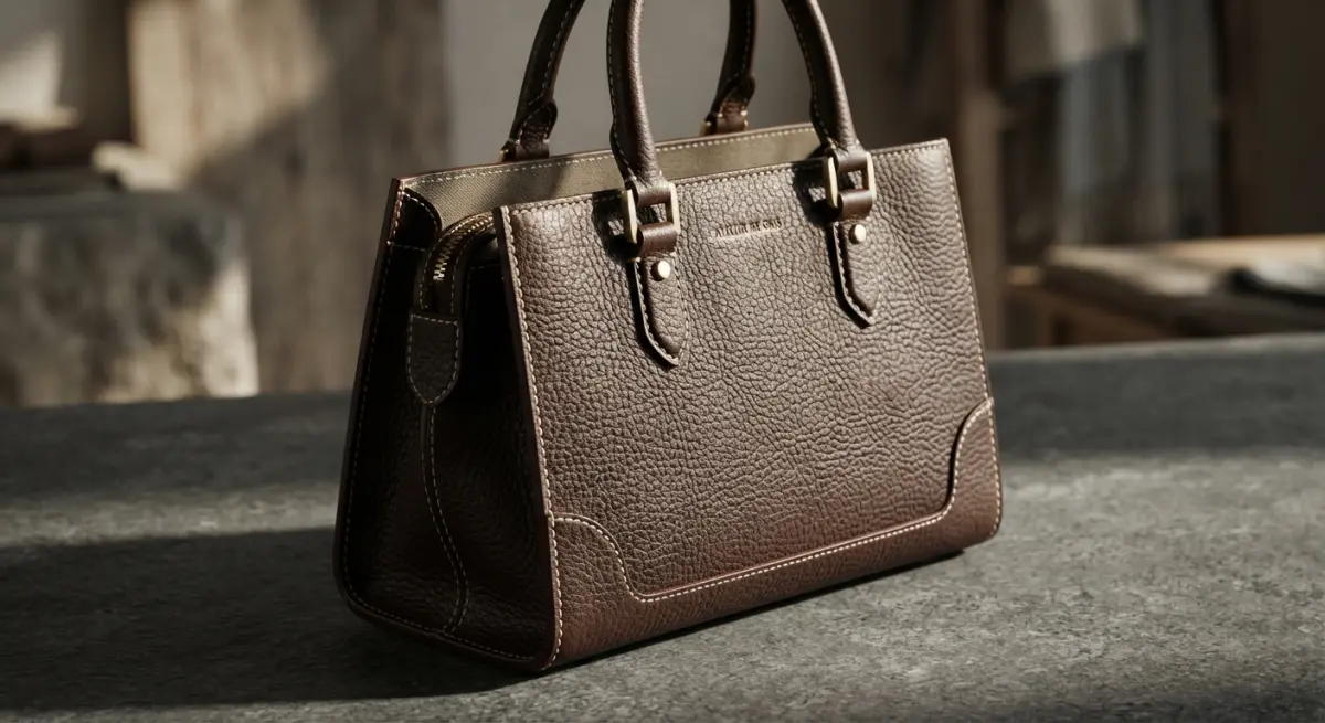 3D render of a luxurious brown pebbled leather handbag with detailed stitching and gold hardware