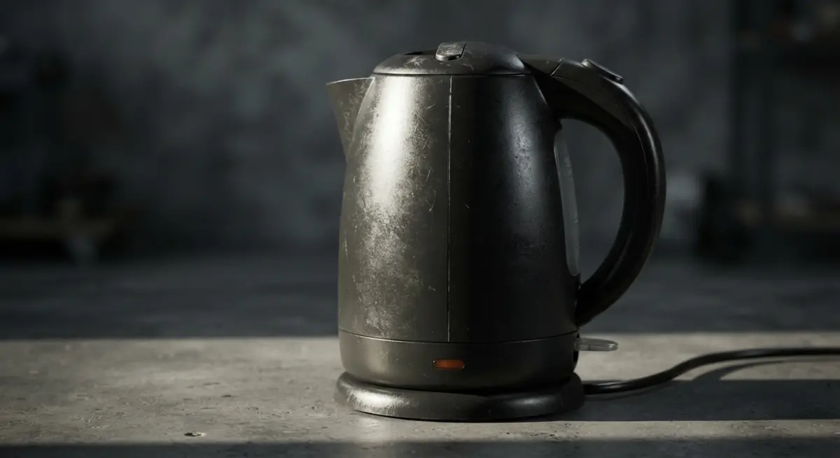 3D render of black electric kettle with visible scratches on textured surface