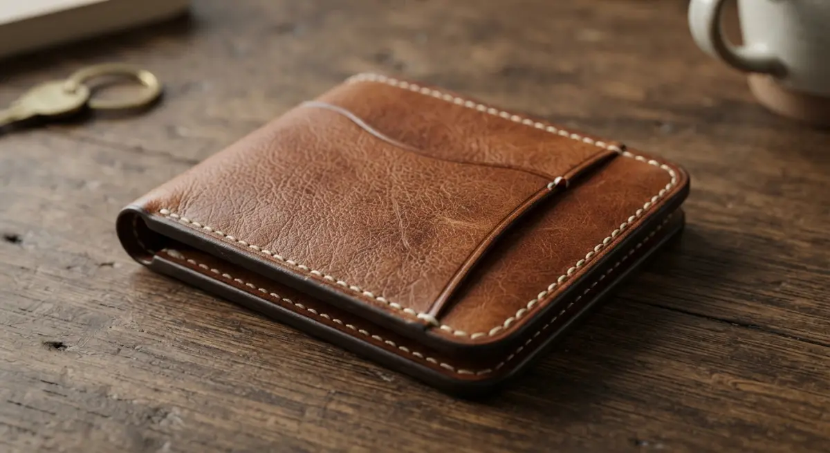 3D render of a brown leather wallet with intricate stitching on a wooden surface