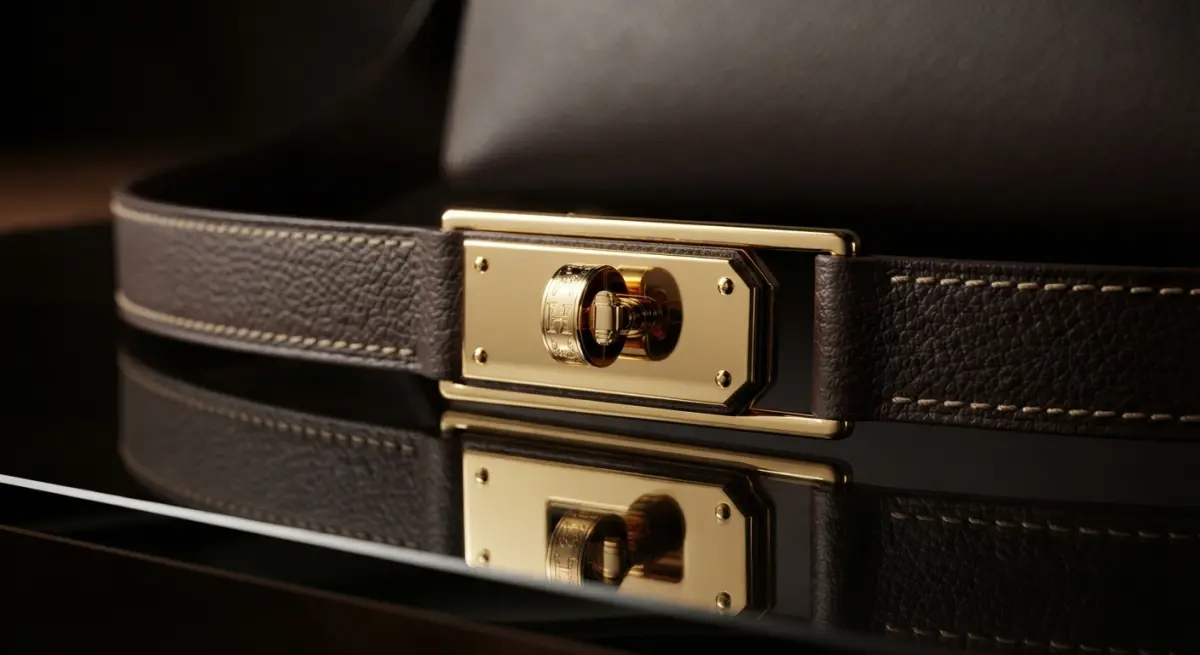 3D render of luxury brown leather belt with gold buckle, showcasing detailed stitching and material finish