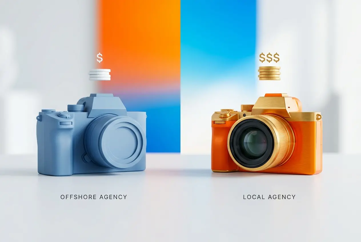 3D render comparing offshore and local 3D rendering agencies with cameras and stacks of coins — Offshore vs Local 3D Produc