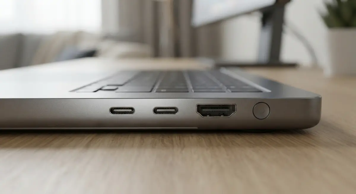 Close-up of laptop ports including USB-C and HDMI, with keyboard visible above