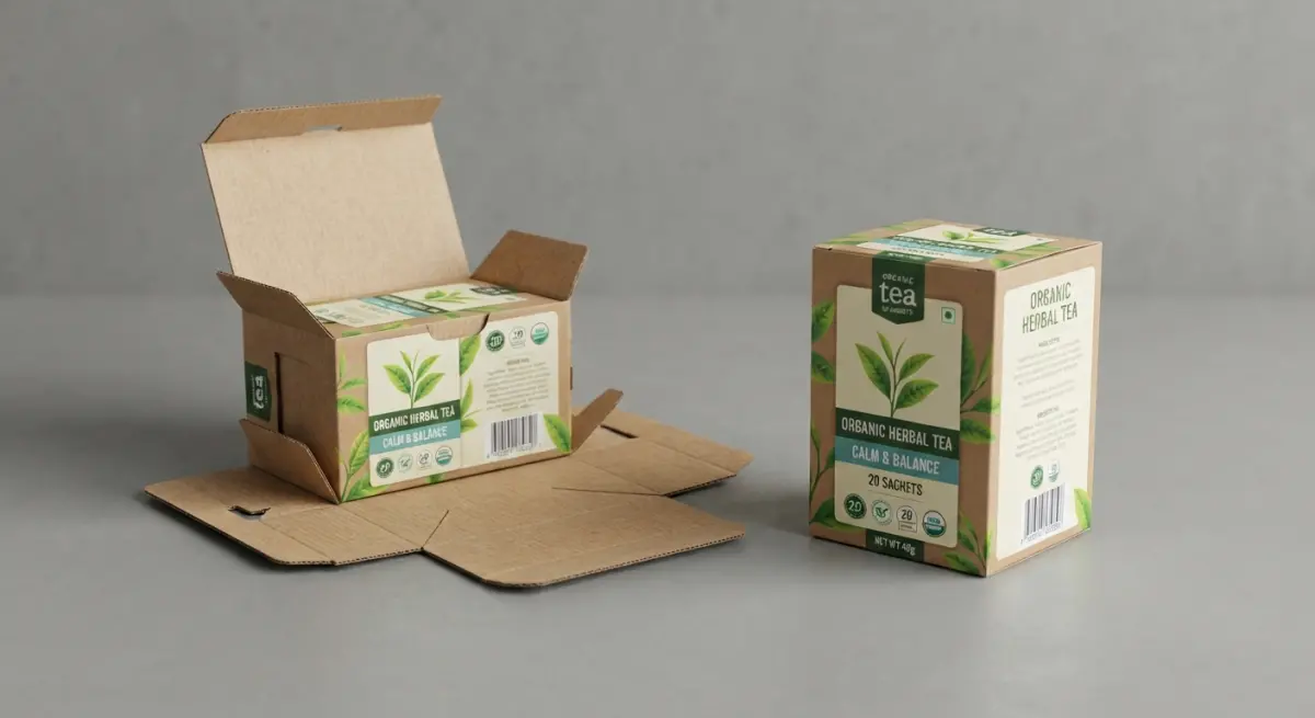 3D render of organic herbal tea boxes, showcasing eco-friendly cardboard packaging design and branding