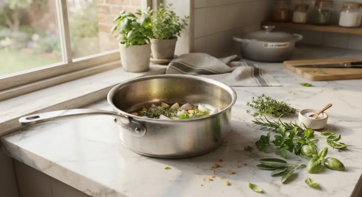 3D render of a stainless steel saucepan with herbs, garlic, and shallots, staged with fresh herbs and salt