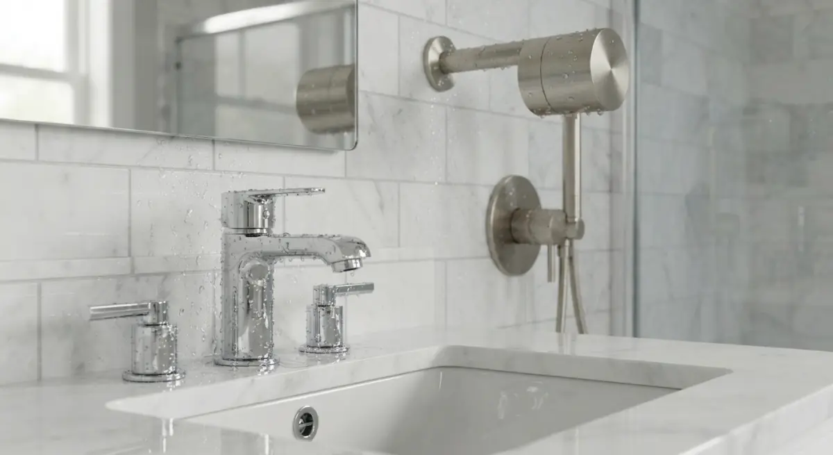 Chrome faucet and handles with water droplets on a marble countertop with a mirror and shower fixture in the background