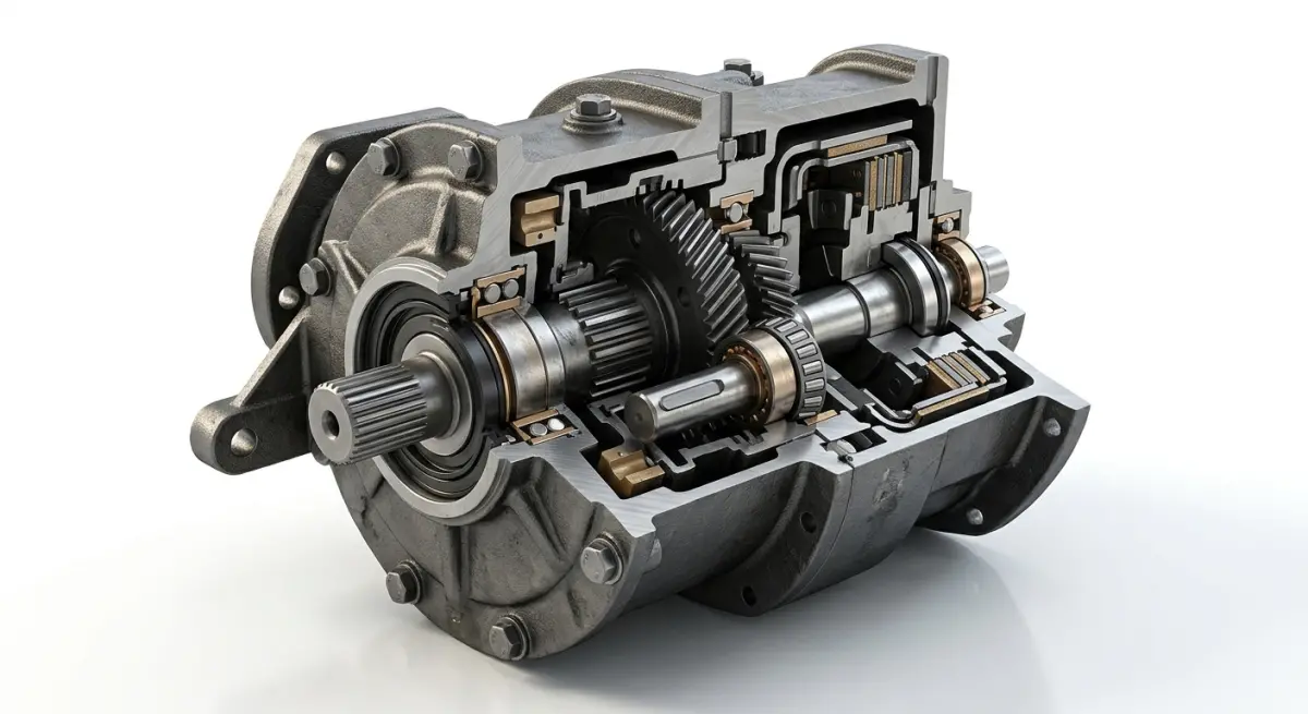 3D render of a complex industrial gearbox cutaway, showcasing gears and internal mechanisms