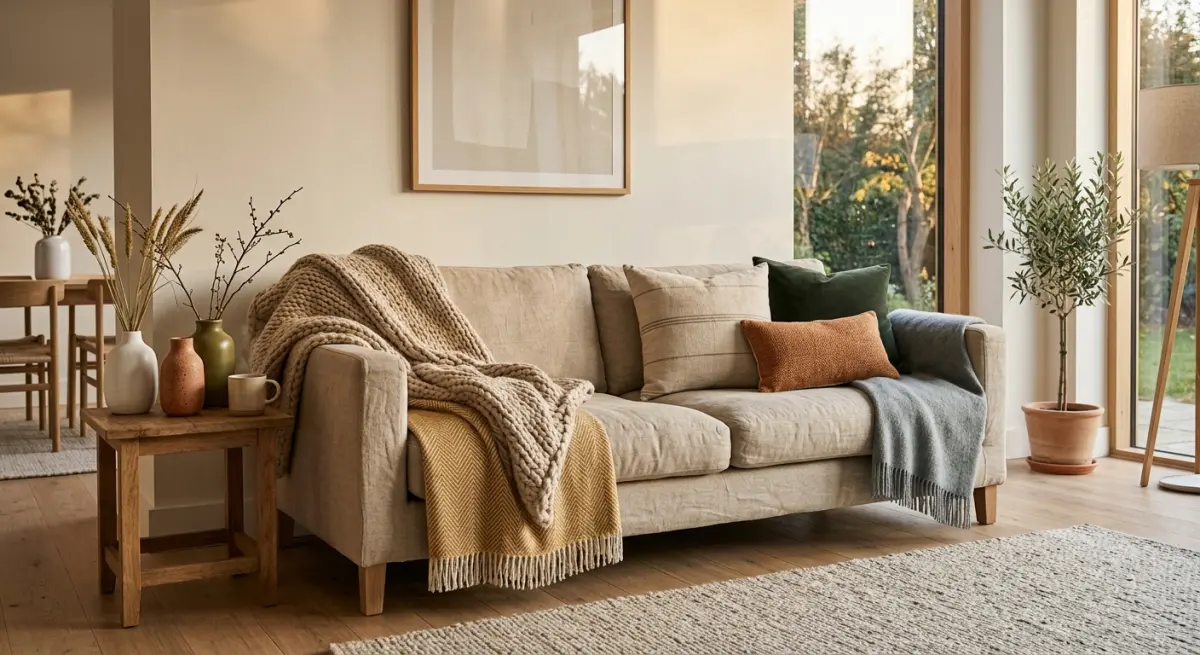 3D render of a beige linen sofa with throw blankets and cushions in a warm, naturally lit living room setting