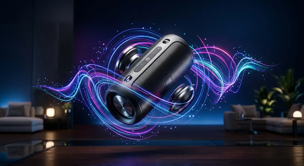 3D render of a black cylindrical speaker surrounded by vibrant neon light trails and particles in a modern room