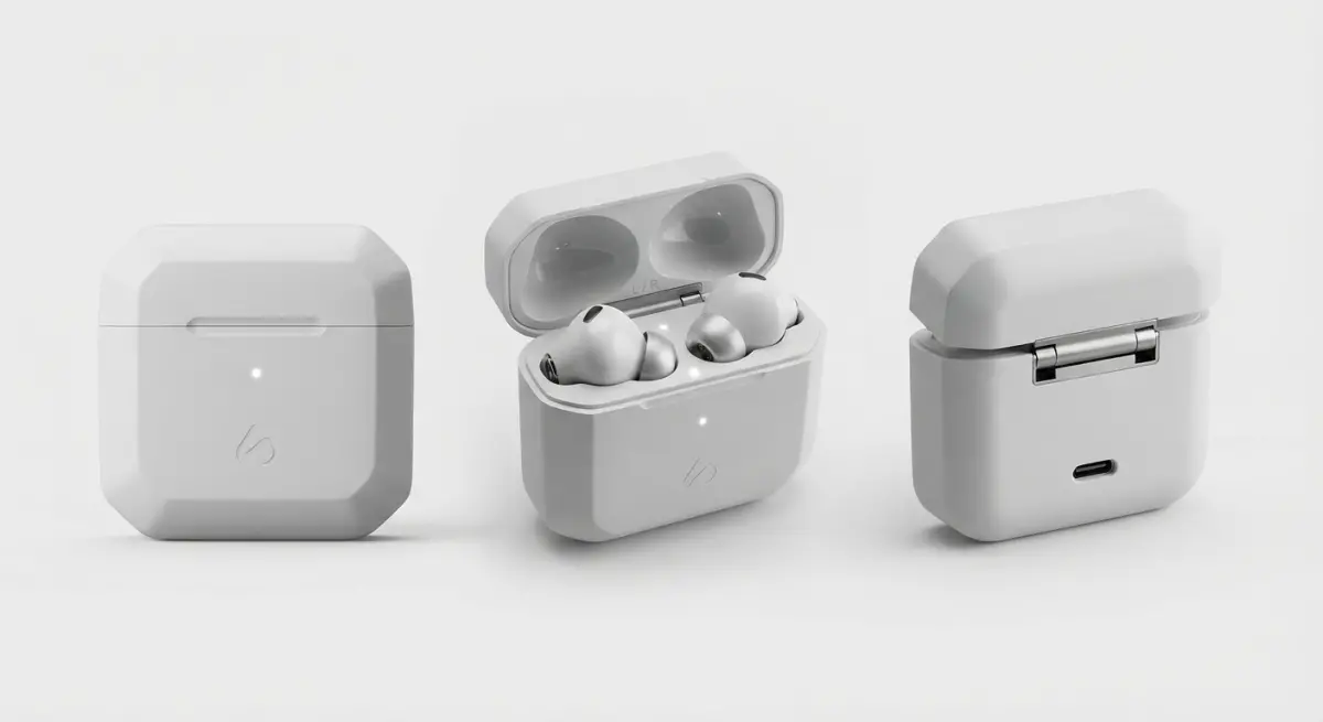 3D render of a white consumer goods earbuds case with earbuds inside, on a plain background