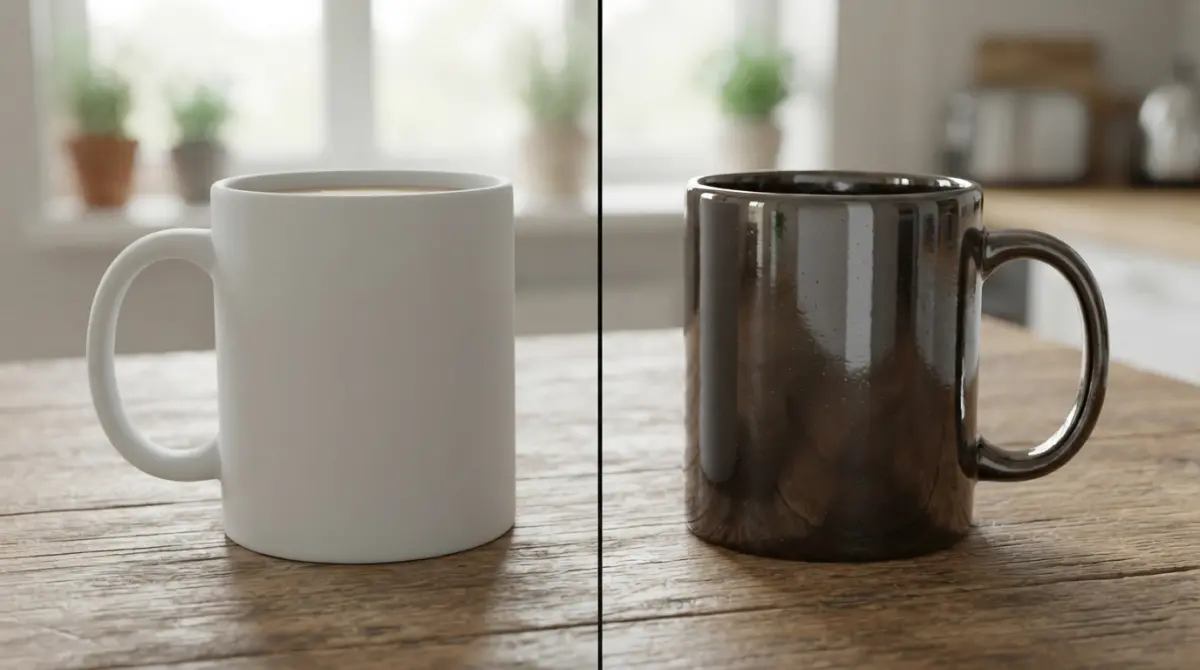 3D render of two ceramic mugs, one white and one dark, on a wooden table