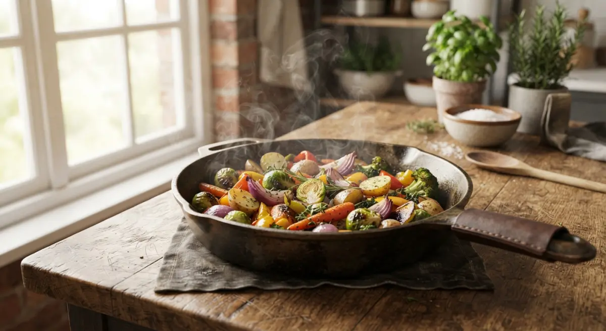 3D render of roasted vegetables in a cast iron skillet, staged on a rustic wooden table with a window in the background