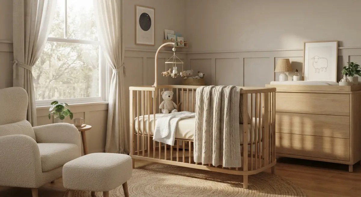 3D render of a cozy nursery with wooden crib, armchair, and changing dresser