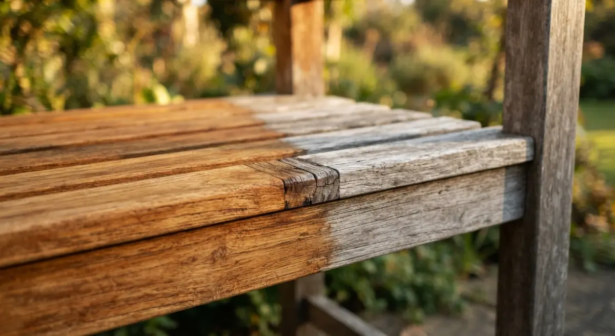Close-up of a wooden bench showing weathered and treated sections side-by-side