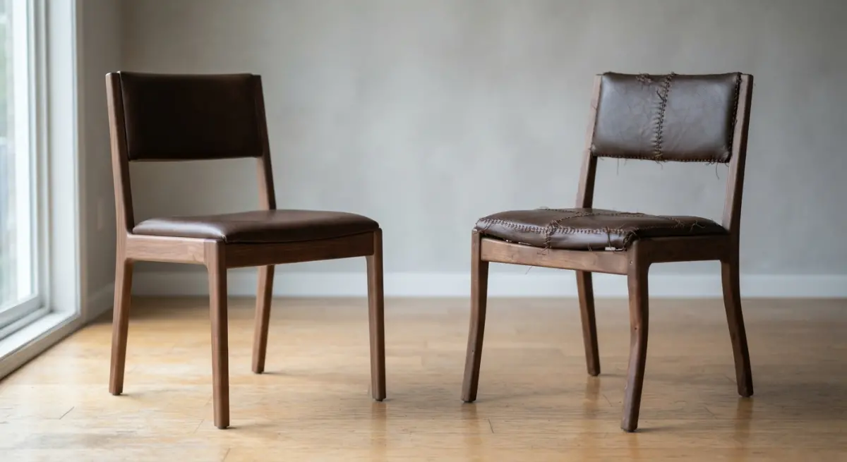 Two chairs, one pristine and one worn, stand indoors