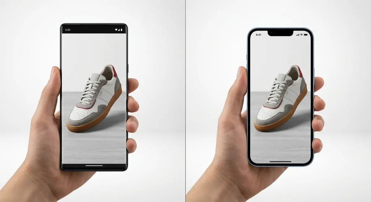 3D render of a sneaker in AR on a phone, comparing GLTF and USDZ formats