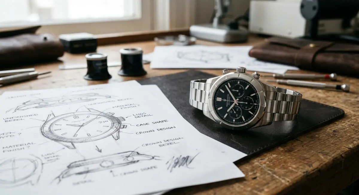 3D render of watch design sketches and physical prototype on a wooden workbench