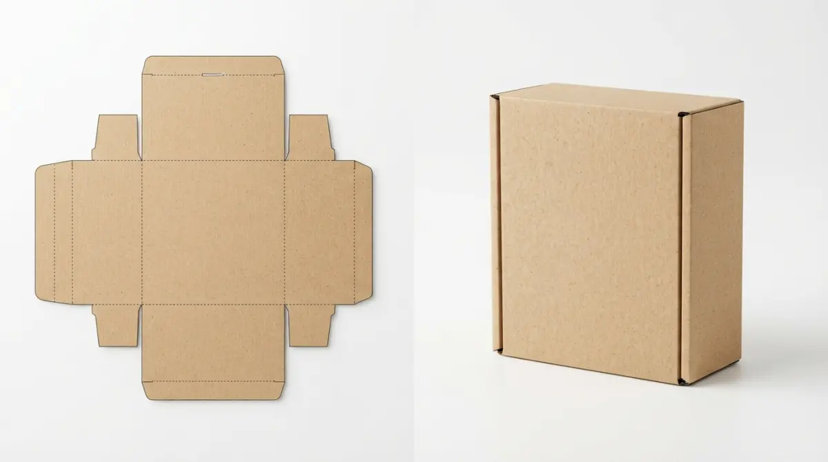 3D render of flattened cardboard box dieline next to finished product