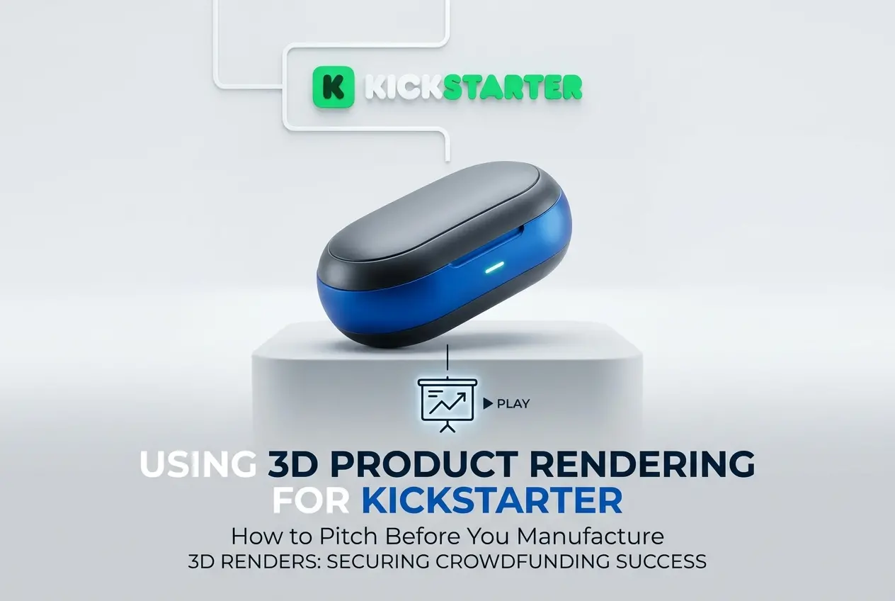3D render of blue and grey earbuds on a pedestal, promoting Kickstarter campaigns — Using 3D Product Rendering Services for