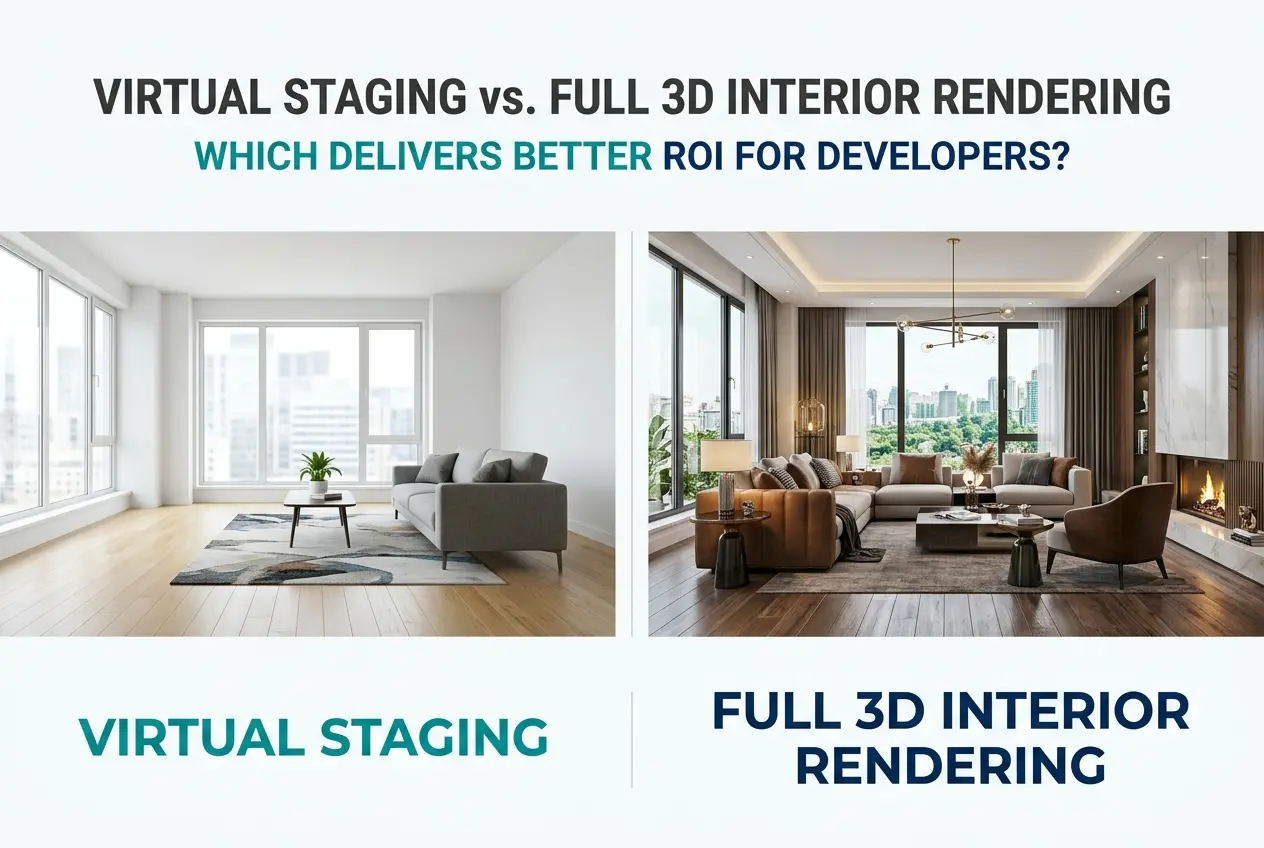 3D render comparing virtual staging with a sofa to a fully rendered interior with furniture and fireplace — Virtual Staging