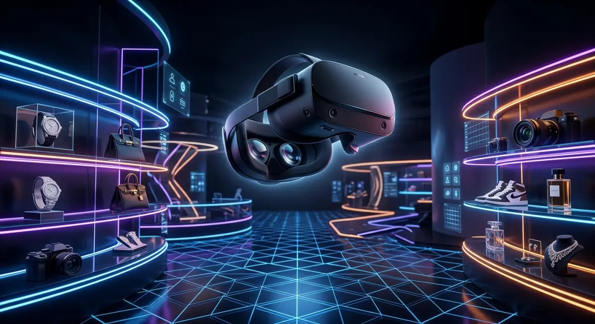 3D render of VR headset above a virtual store displaying luxury goods with neon lighting