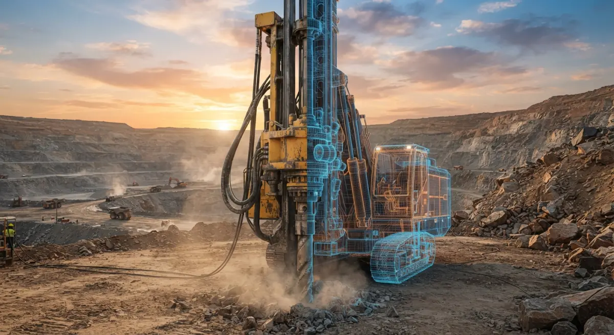 3D wireframe overlay on a mining drill rig in a quarry during sunset