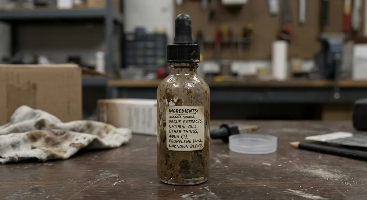 3D render of a glass dropper bottle filled with a murky serum and a detailed ingredient label