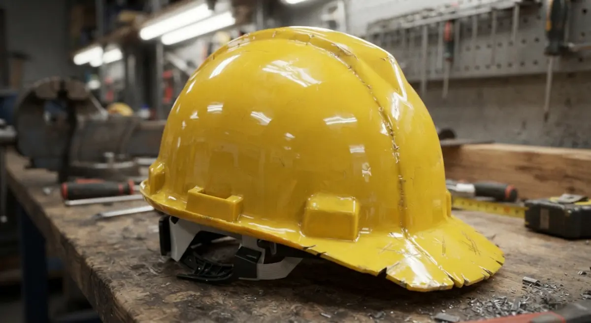 Close-up 3D render of a yellow hard hat on a workshop bench with tools