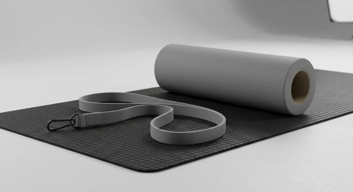 3D render of grey yoga mat and resistance band, showcasing rubber and foam materials