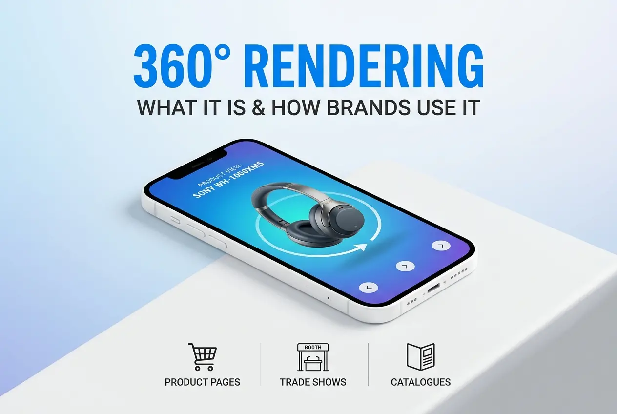 3D render of Sony WH-1000XM5 headphones displayed on a smartphone screen for product pages — What Is 360 Rendering and How