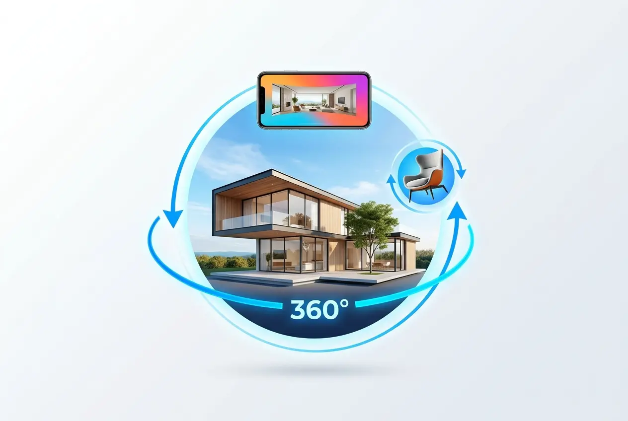 3D render of modern house with 360 virtual tour visualization and interior view on phone — What Is 360 Virtual Rendering an