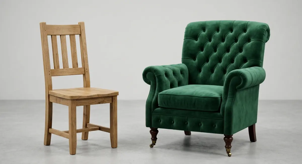 3D render showcasing a tufted green velvet armchair next to a light wood chair