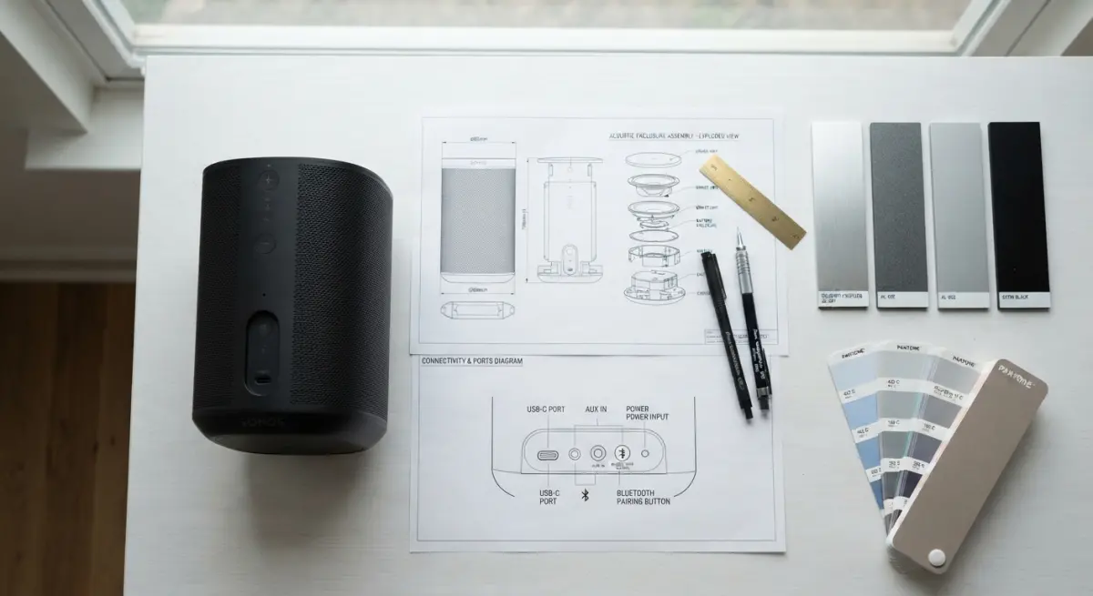 Product design elements including speaker, technical drawings, color swatches, and writing utensils
