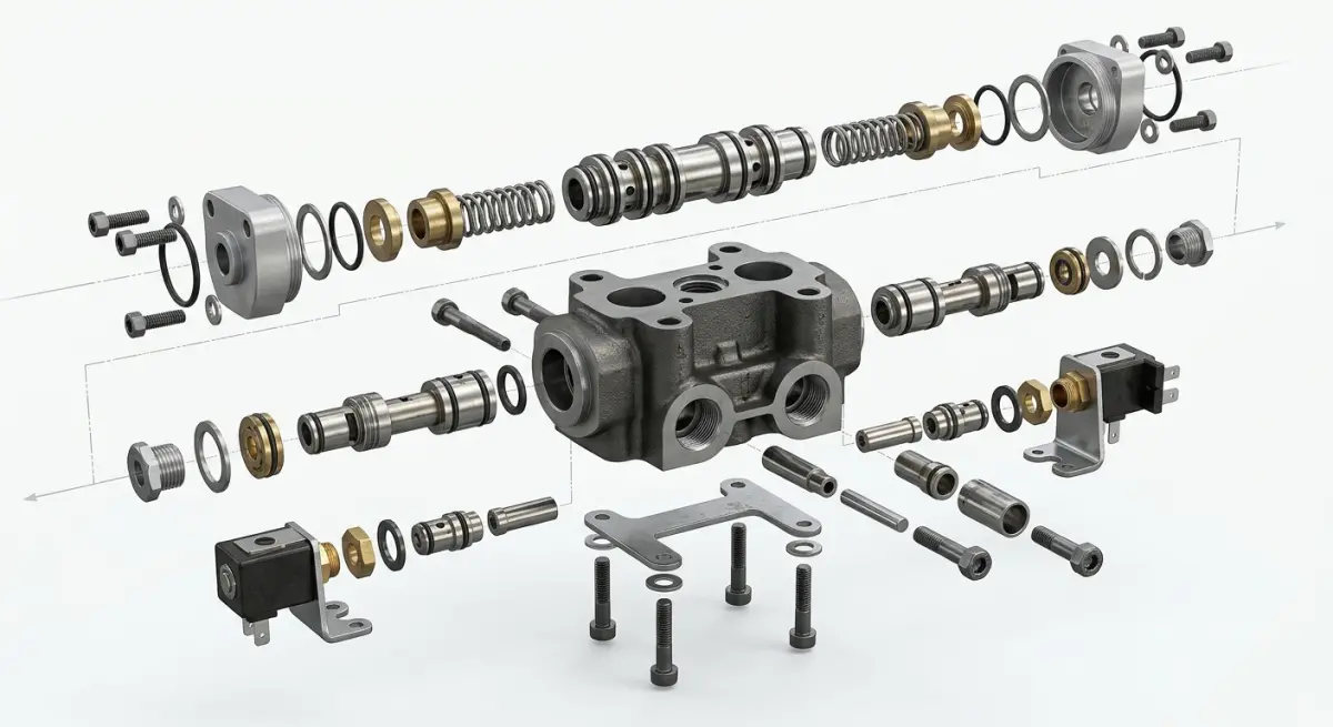 3D render of disassembled hydraulic valve assembly with intricate metal parts and springs