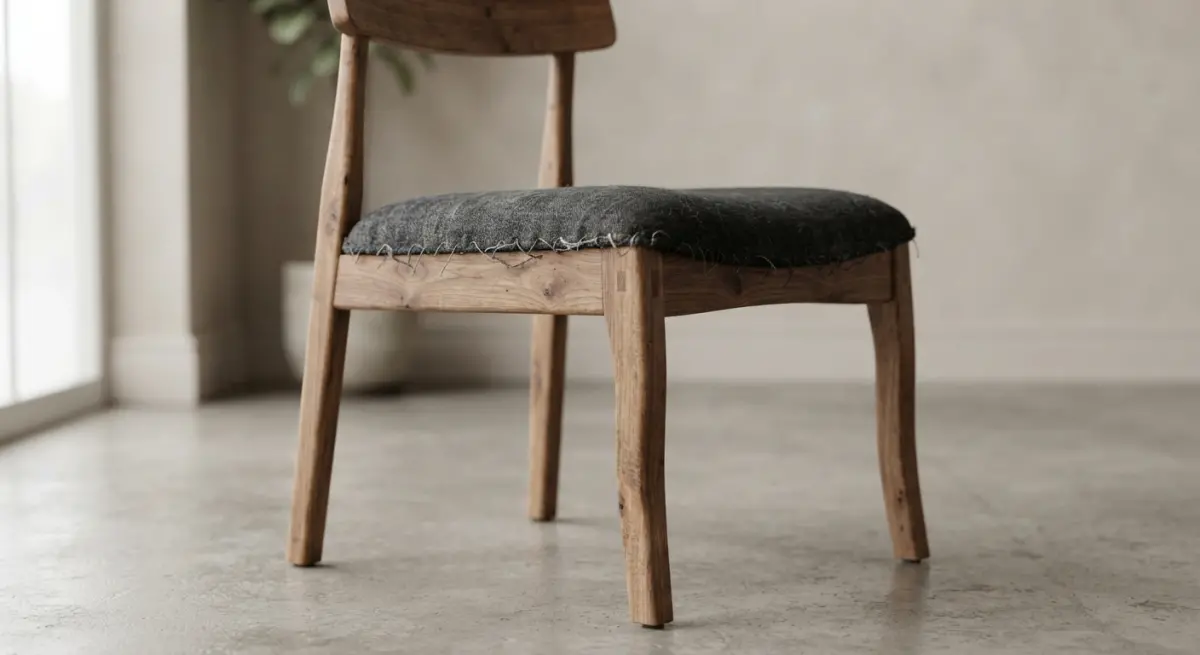 Close-up of a rustic wooden chair with a dark gray upholstered seat and visible stitching