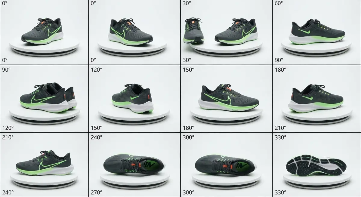 3D render of athletic shoes rotating on a white platform for a 360 view
