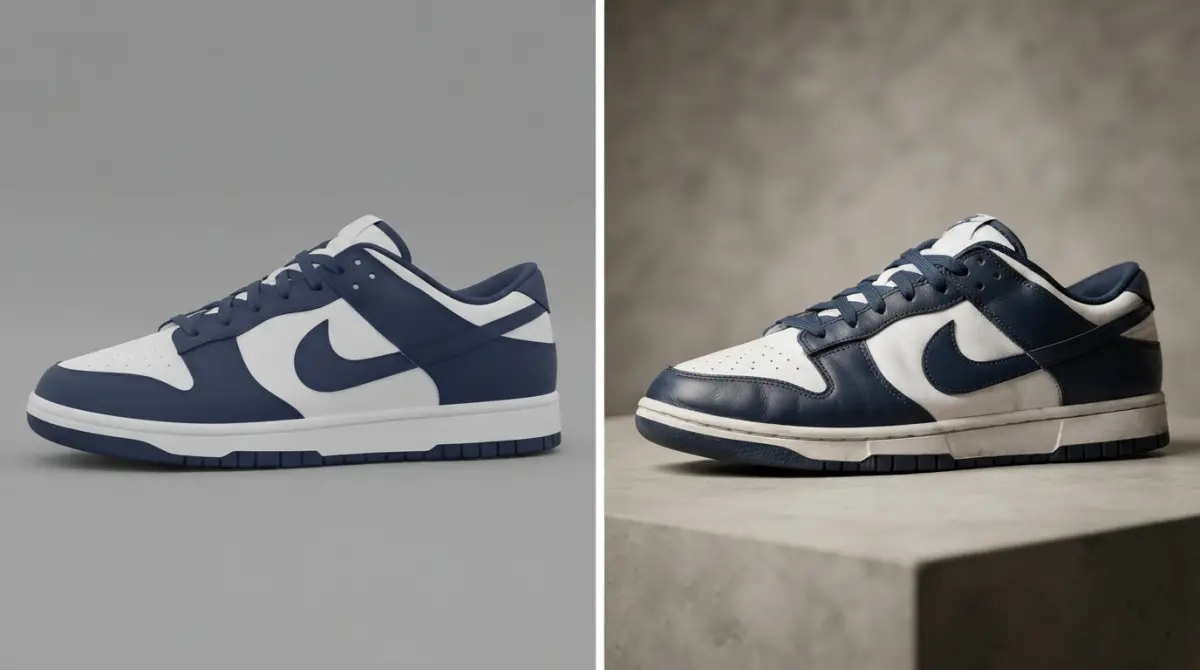 3D render of navy and white Nike Dunk Low sneakers on a concrete surface