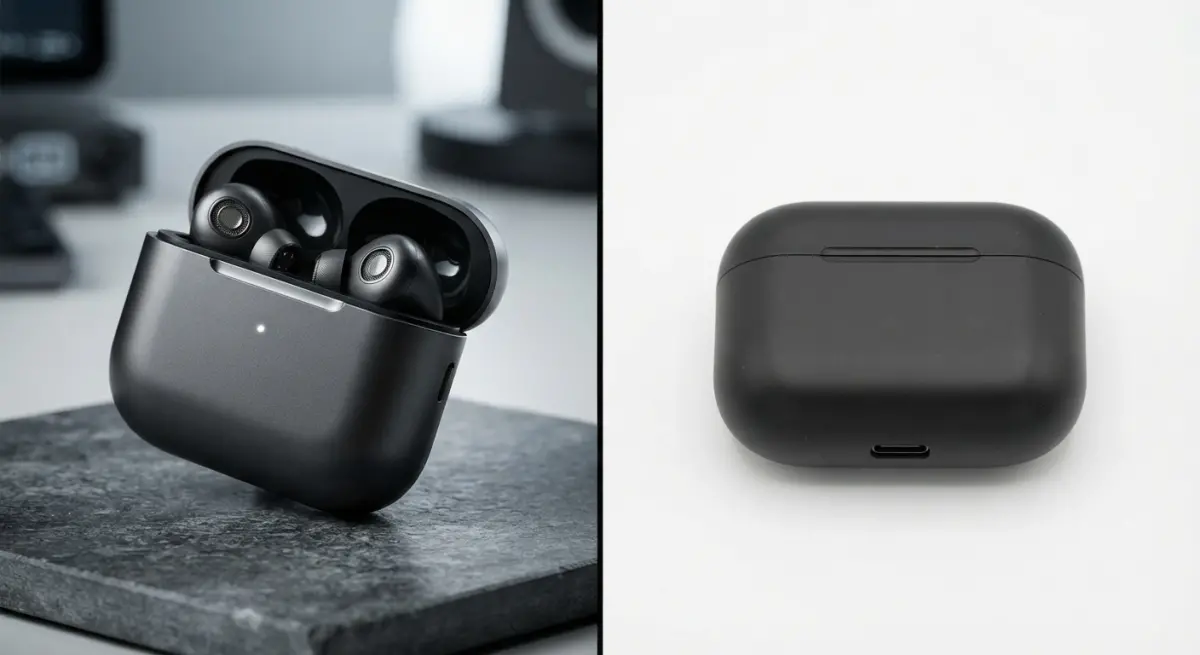 3D render of black earbuds and charging case on a stone surface, product visualization for e-commerce